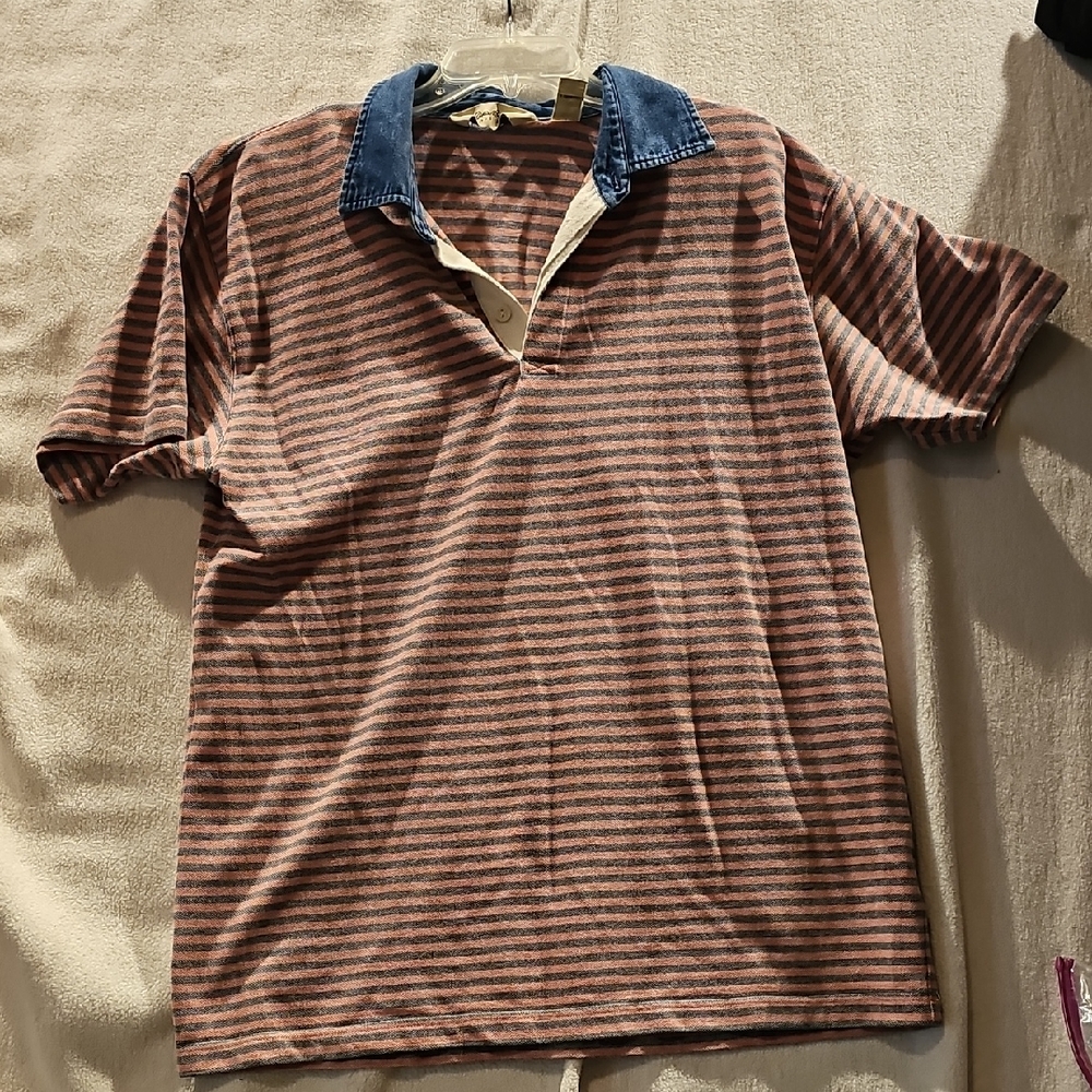 Men's L Eddie Bauer Vintage Polo Pink And Blue Stripe Denim Collar